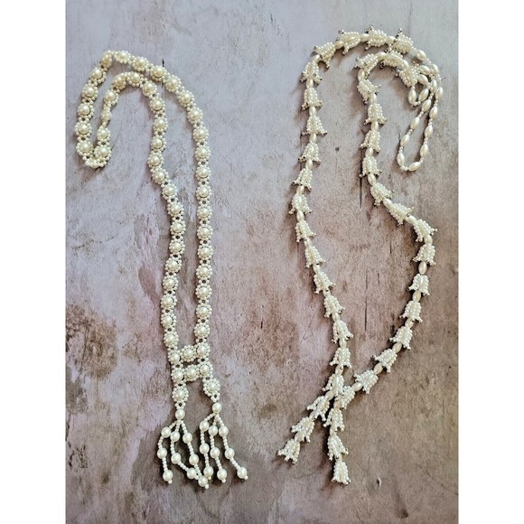 Lot 2 Vintage White Gold Flower Tassel Seed Bead Necklaces Retro Wedding Lei - Picture 1 of 13